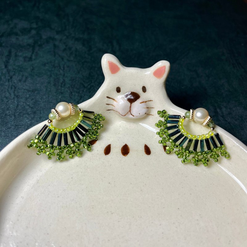 A Lu 银杏扇叶珠花耳针耳饰/饰品/纯手工编制 原创限量款 - 耳环/耳夹 - 珍珠 多色