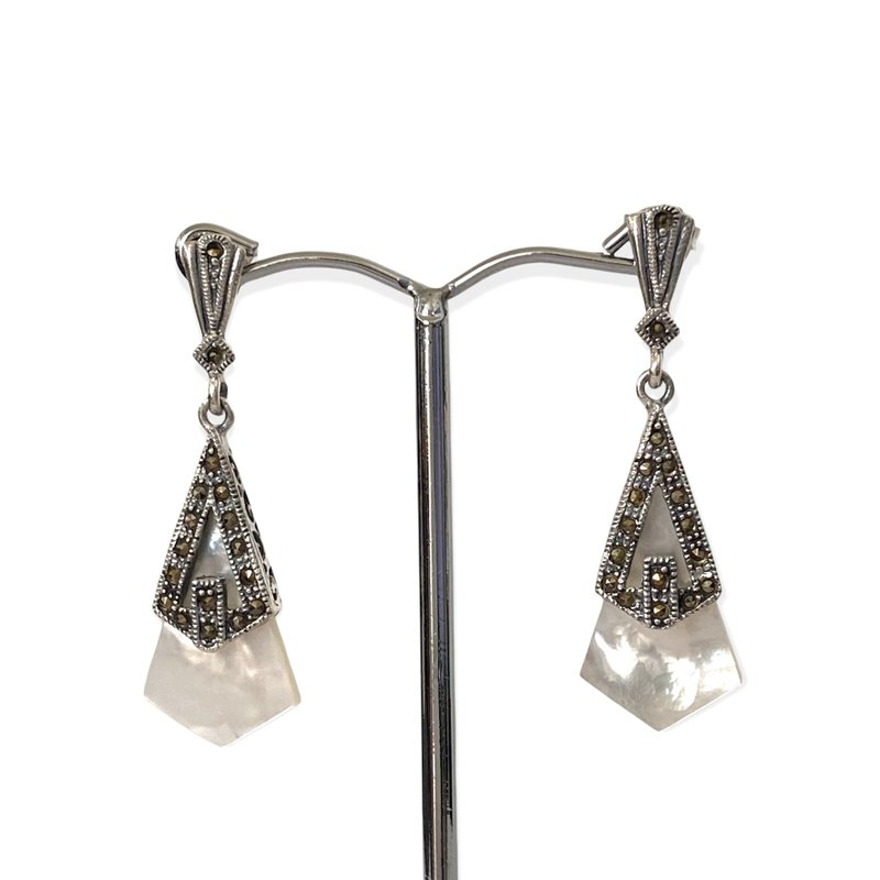 Art Deco Style Mother of Pearl&Marcasite Drop Earrings / Set 925 Sterling Silver - 耳环/耳夹 - 纯银 白色