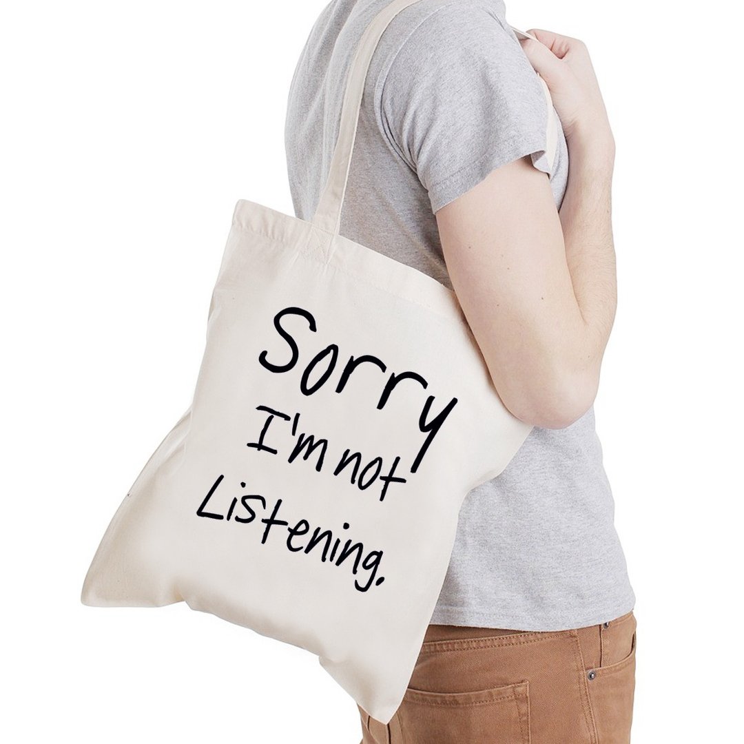Sorry not Listening 帆布环保肩背手提包购物袋 米白 我没有在听 - 侧背包/斜挎包 - 棉 白色