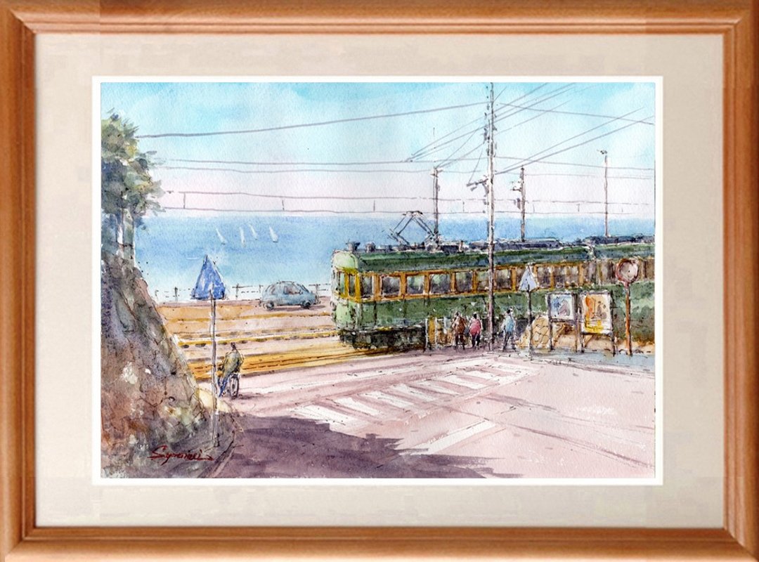 水彩画原画 江之电・镰仓高校前车站平交道风景 30 - 海报/装饰画/版画 - 纸 蓝色