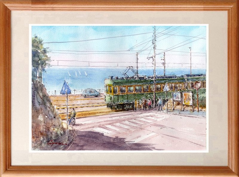 水彩画原画 江之电・镰仓高校前车站平交道风景 30 - 海报/装饰画/版画 - 纸 蓝色