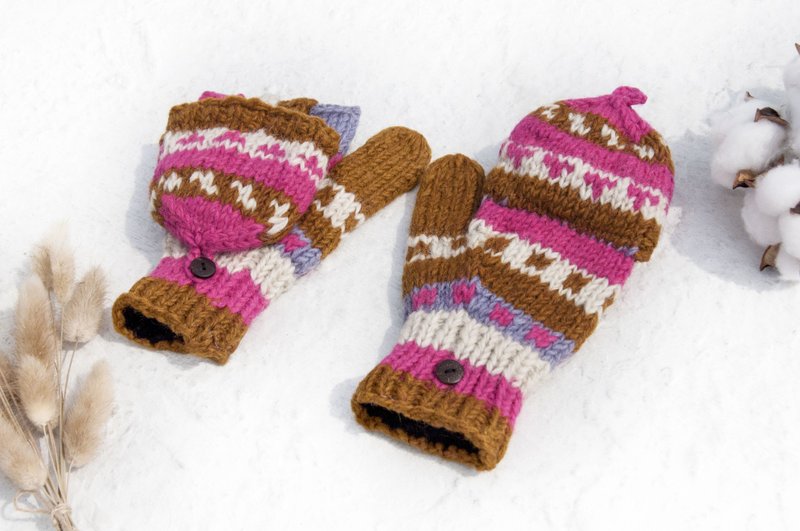 手织纯羊毛针织手套/可拆卸手套/内刷毛手套/保暖手套-沙漠玫瑰色 - 手套 - 羊毛 多色