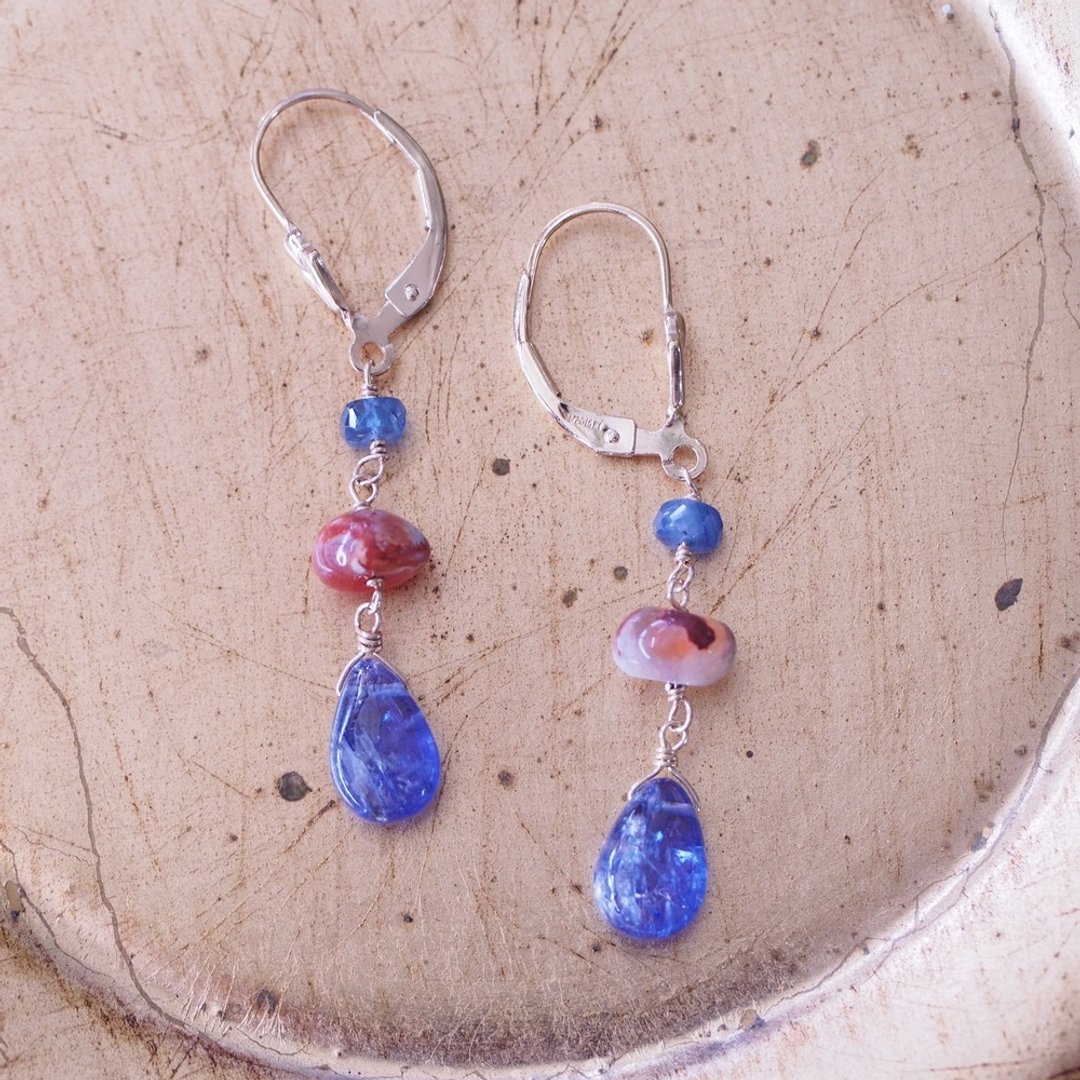 14K GF 郁金香法式耳勾 丹泉石 火蛋白石耳环 Tanzanite earrings - 耳环/耳夹 - 半宝石 蓝色