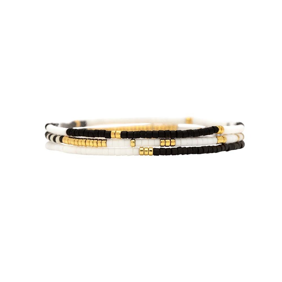 Pura Vida 美国手工 MONOCHROME 黑白串珠 金色伸缩手链三件组 - 手链/手环 - 其他金属 多色
