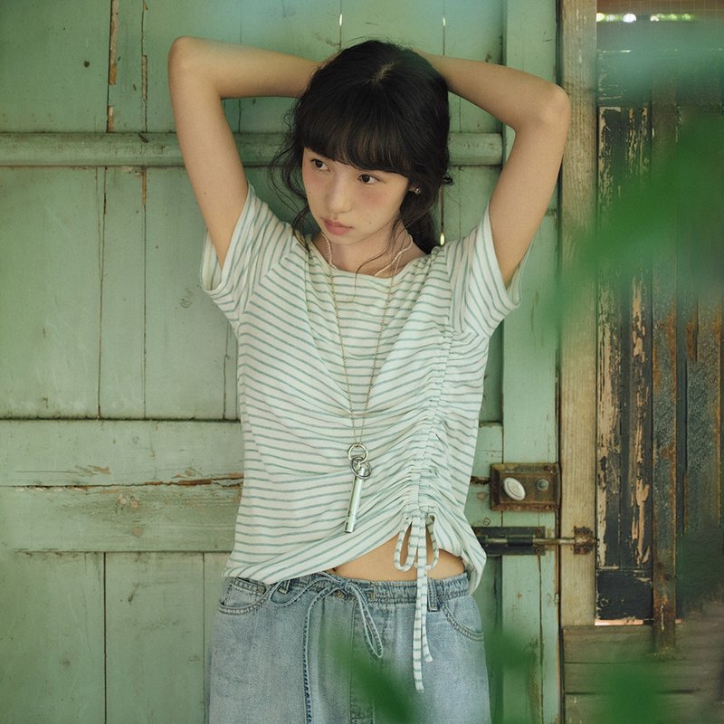 侧边抽绳T恤|T恤|两色|夏款|Sora-1828 - 女装 T 恤 - 其他人造纤维 多色
