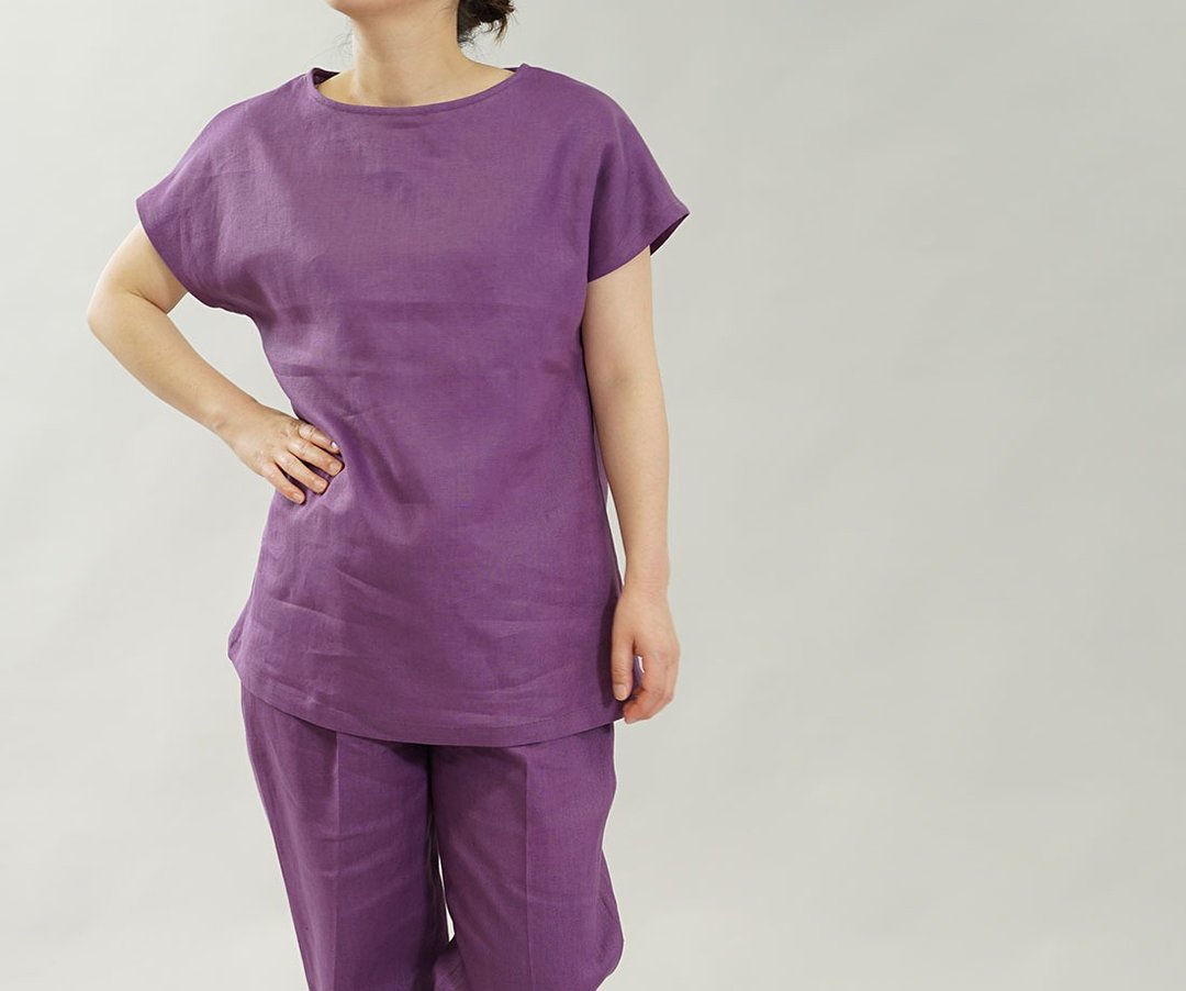 wafu Linen tee / tunic / short sleeve / kimono sleeve / purple  t042a-rgt2 - 女装 T 恤 - 棉 紫色