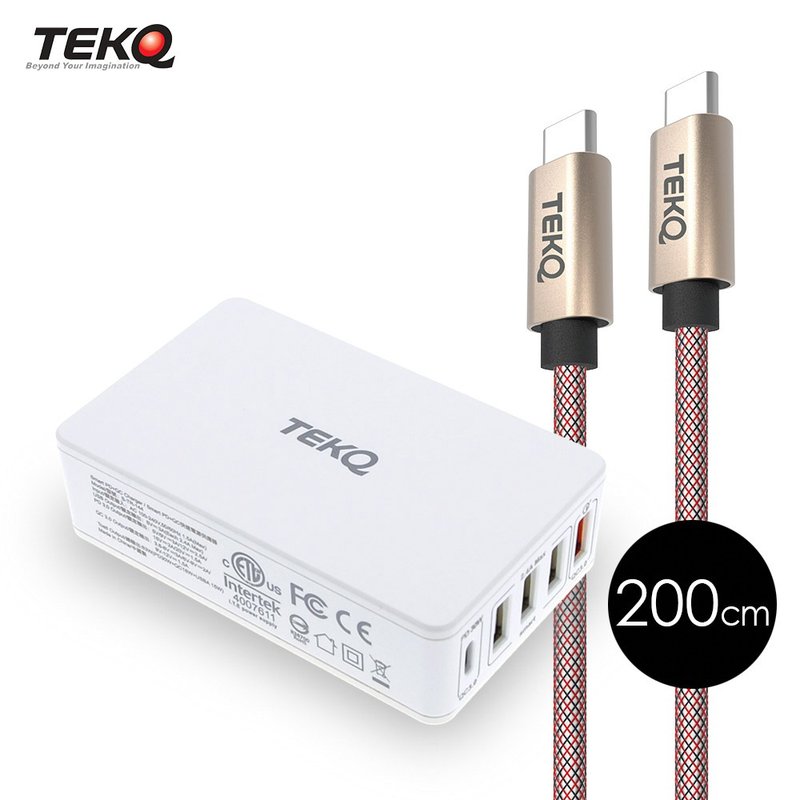 TEKQ5孔 63W USB-C/USB PD QC 旅充+TEKQ USB-C 200cm - 充电宝/传输线 - 其他材质 白色