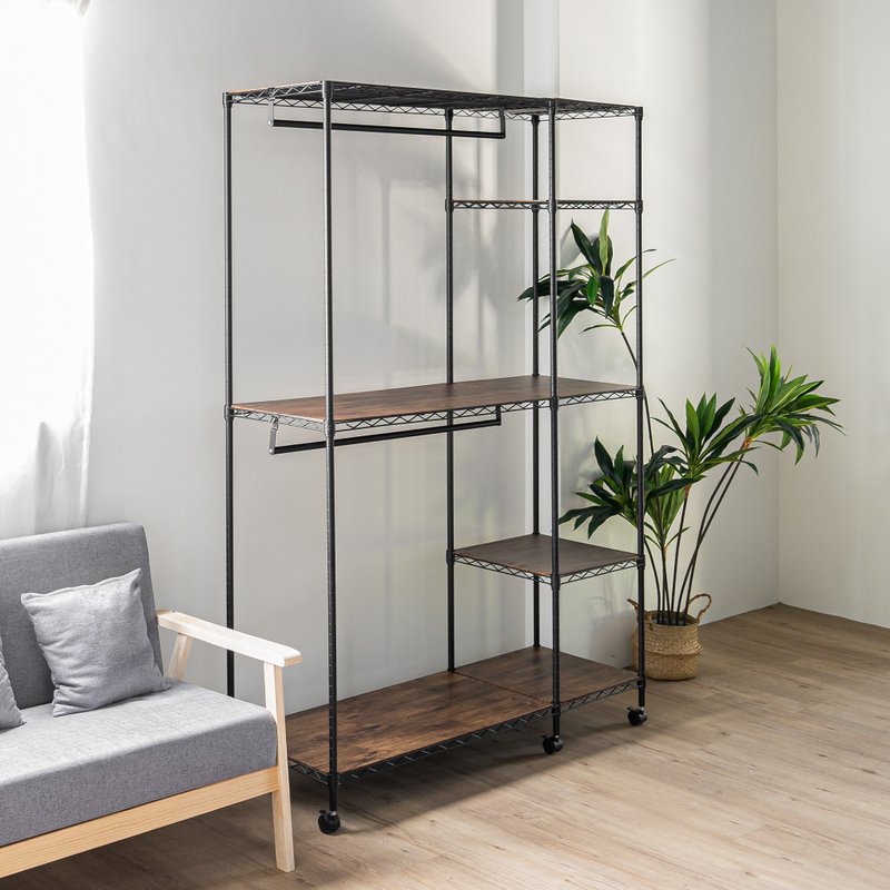 大容量五层双杆衣橱架 附木层板与静音轮 俐落烤漆铁力士架 - 衣柜/鞋柜 - 其他金属 黑色