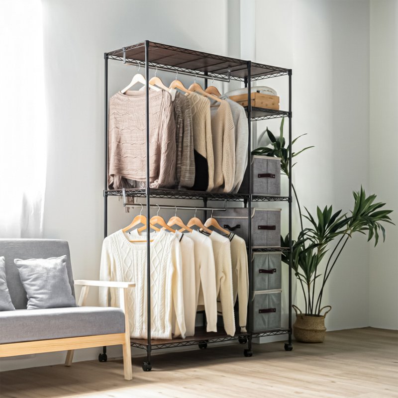大容量五层双杆衣橱架 附木层板 俐落烤漆铁力士架 分层收纳 - 衣柜/鞋柜 - 其他金属 黑色