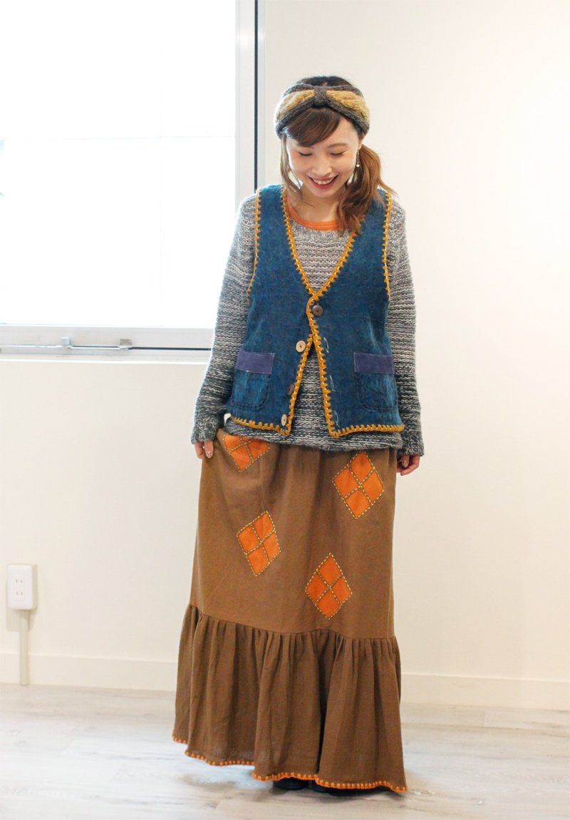 Retro Long Skirt Handmade Patch Work Hippie Style - 裙子 - 棉．麻 绿色
