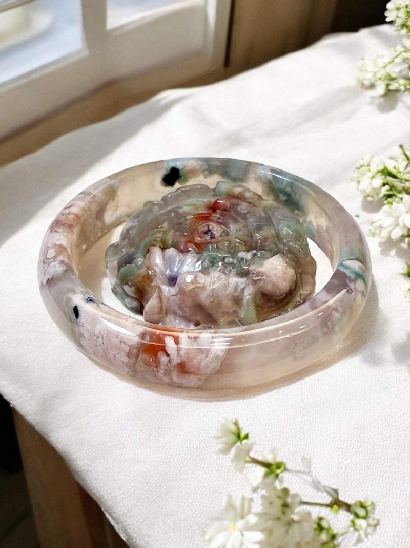 樱花玛瑙手镯 玛瑙手镯超级稀有蜜桃菜园子红花满圈收藏品55-56 - 手链/手环 - 玉石 