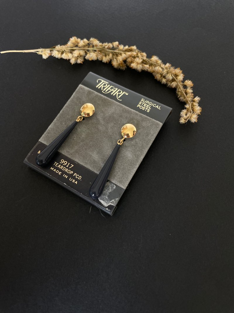 老又好古董珠宝 Trifari 深蓝珐琅水滴垂坠针式耳环P220 - 耳环/耳夹 - 其他金属 金色