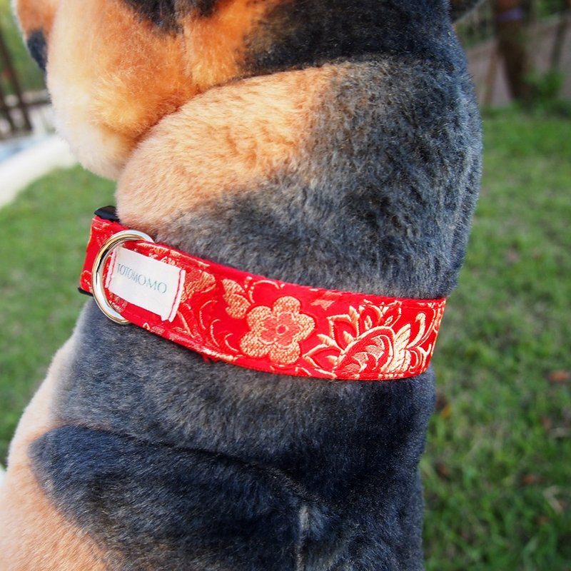 绣金繁花款 犬用项圈 - 项圈/牵绳 - 棉．麻 红色