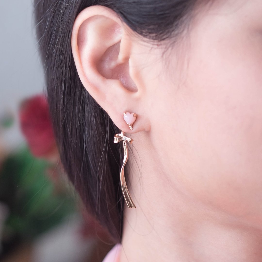 Blow Heart Earring with Pink Opal - 耳环/耳夹 - 半宝石 粉红色