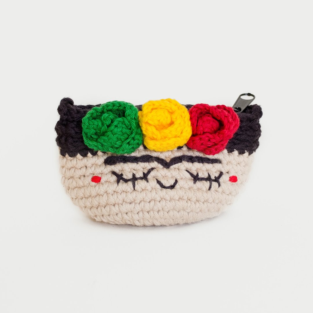 Crochet Coin Purse - Frida Kahlo No.4 | Crochet Coin Case | Small Round Pouch - 零钱包 - 棉 卡其色