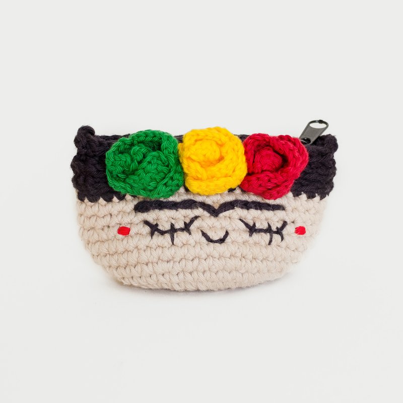 Crochet Coin Purse - Frida Kahlo No.4 | Crochet Coin Case | Small Round Pouch - 零钱包 - 棉．麻 卡其色