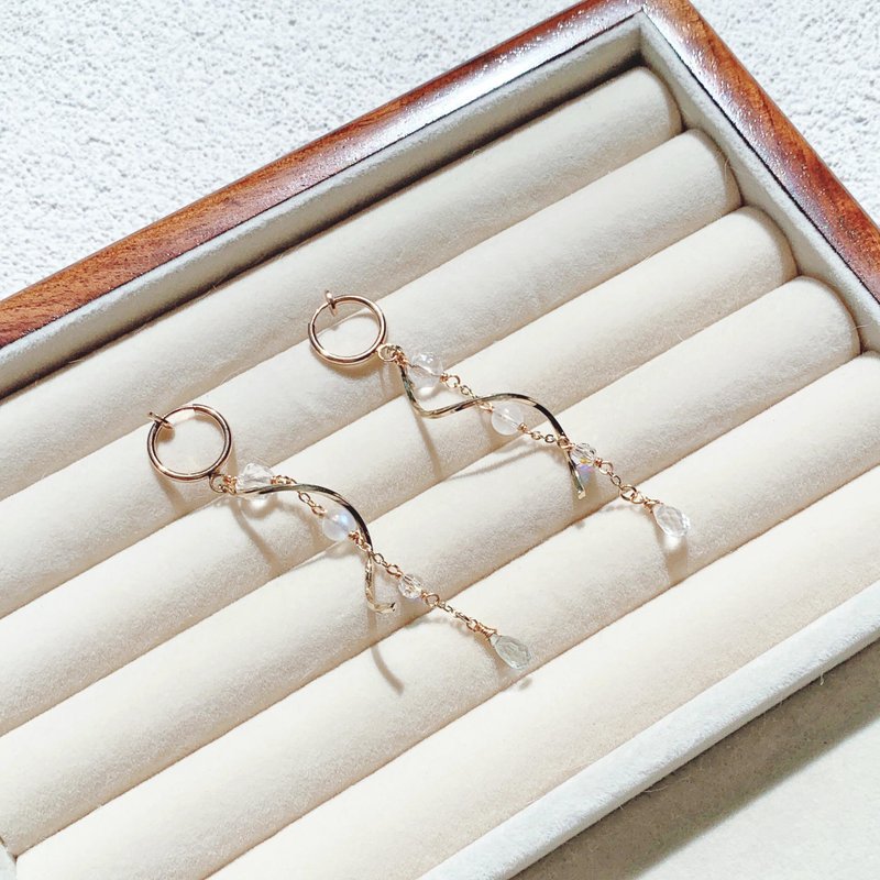 白水晶 月光石 海蓝宝水滴 14K包金 天然水晶 耳夹 无耳洞 耳环 - 耳环/耳夹 - 水晶 金色