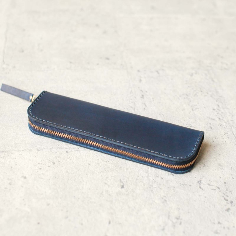 海军蓝色硬挺立体植鞣真皮革笔袋 - 铅笔盒/笔袋 - 真皮 蓝色