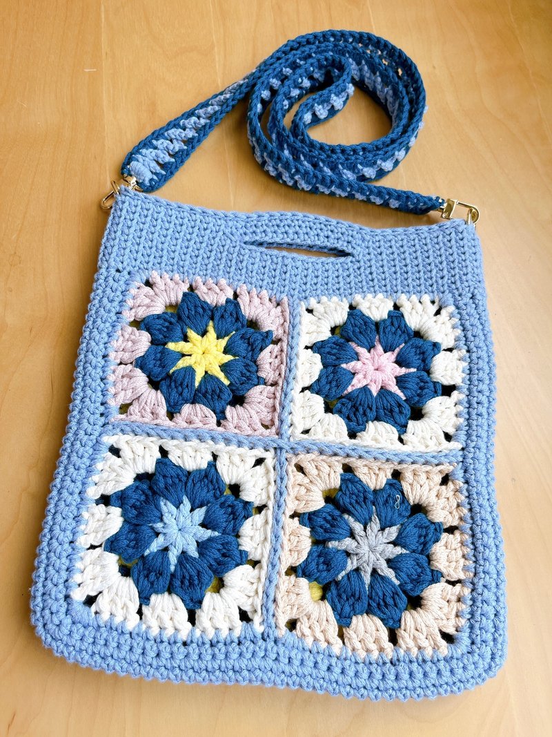 日系祖母方格4格编织袋 莫兰迪色系+ 黛蓝配奶油黄 - 侧背包/斜挎包 - 棉．麻 