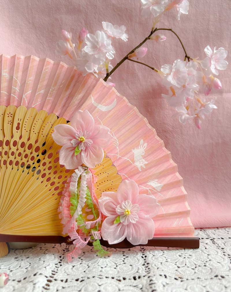 2025樱系列 丝带衬樱花马尾扣 细工布花 - 发饰 - 其他人造纤维 粉红色