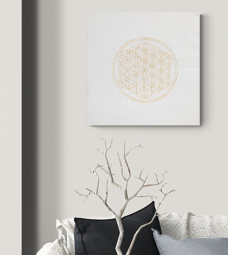 Textured golden mandala Flower of life Bas-relief art Sacred geomenty painting - 墙贴/壁贴 - 水泥 白色