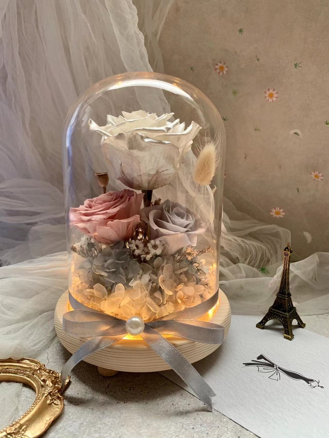 永生珍珠玫瑰玻璃花盅(附礼盒)  /情人礼/生日礼/开幕礼/居家摆饰 - 干燥花/捧花 - 植物．花 