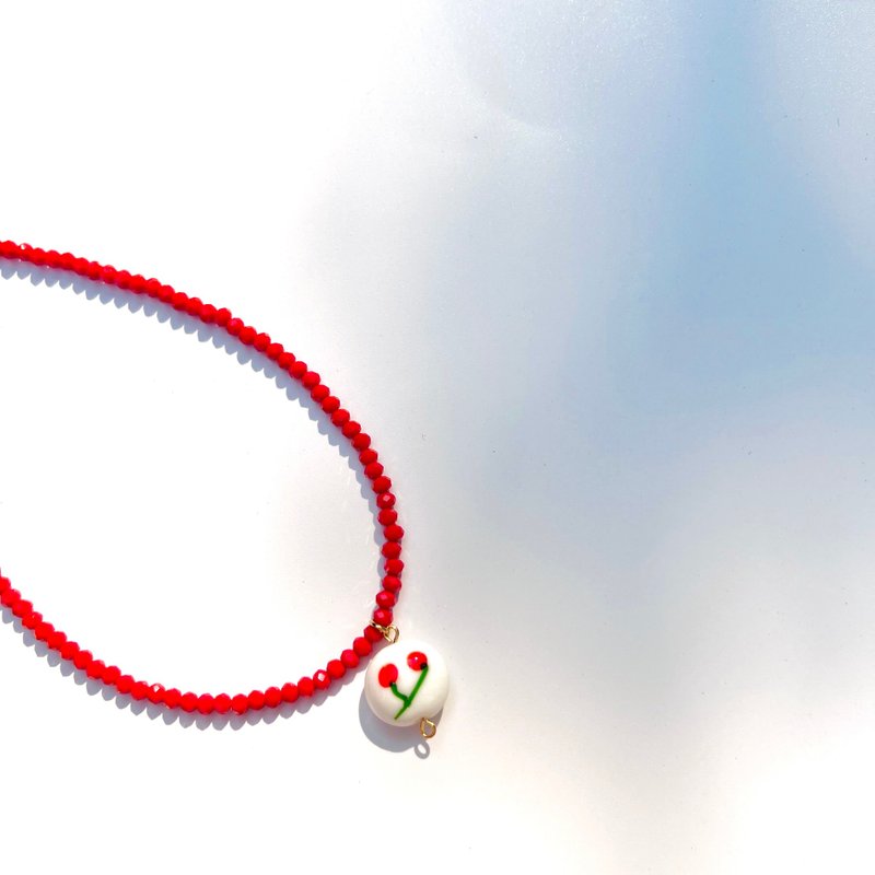 项链 Jia Li • 红水晶项链 • 花朵陶瓷坠饰 • 幸运符 - 项链 - 24k 金 多色