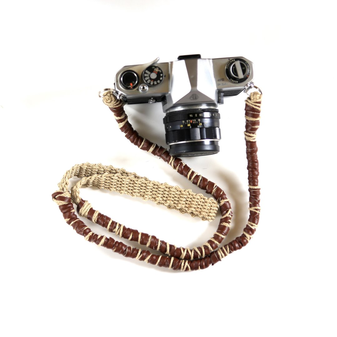 Faux leather and linen hemp camera strap / double ring - 相机背带/脚架 - 棉 咖啡色