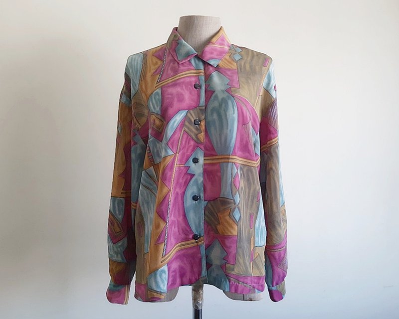 复古紫蓝抽象印花女款长袖衬衫 M 号 - 女装上衣 - 聚酯纤维 紫色