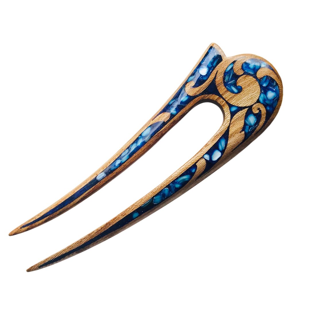 Hair clip, hair pin, carved wooden hair fork with blue stones, gift for her - 发饰 - 木头 蓝色