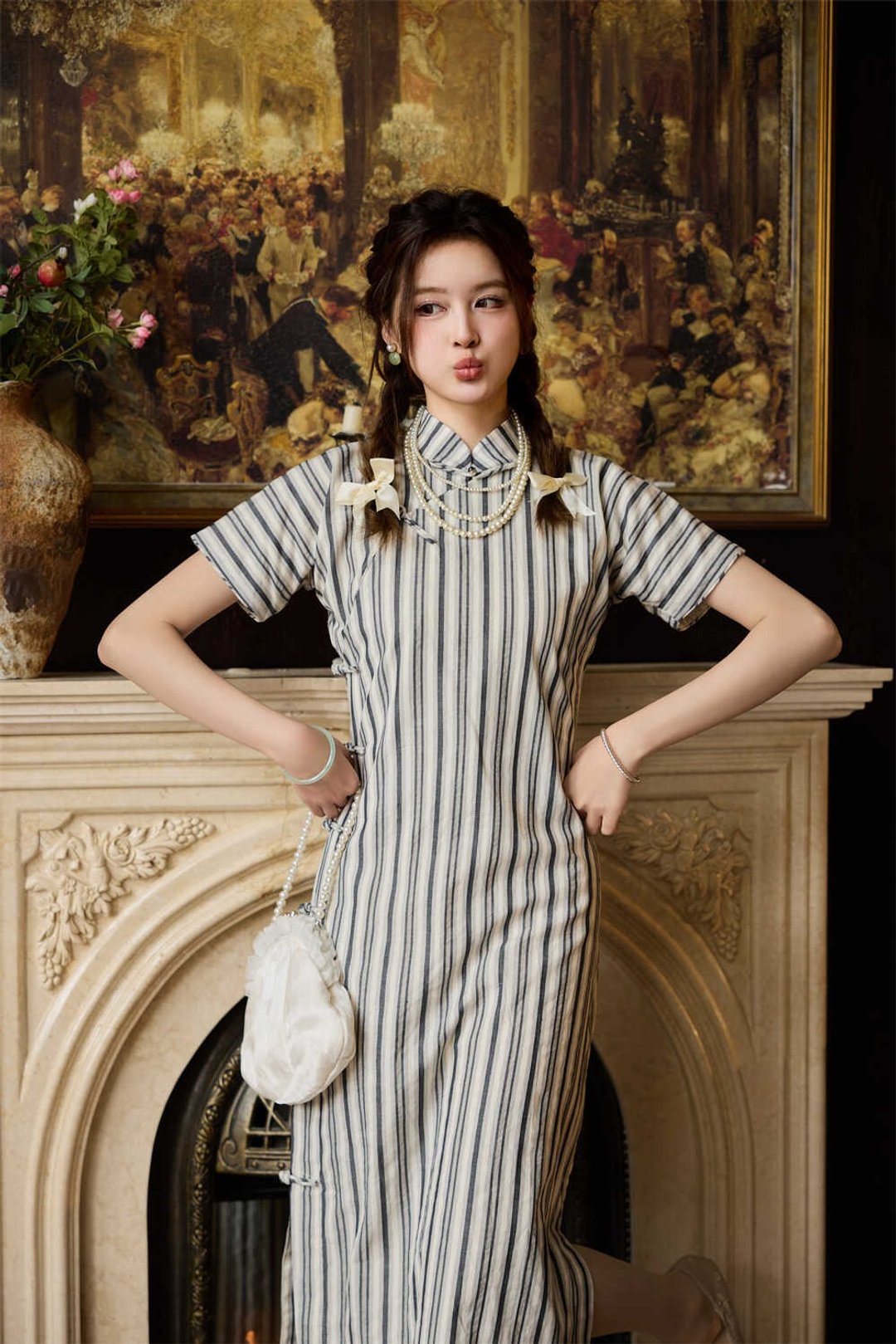 復古黑白豎條紋 長款古法全開襟無省旗袍 少女新中式國風改良洋裝 - 旗袍 - 其他人造纤维 白色