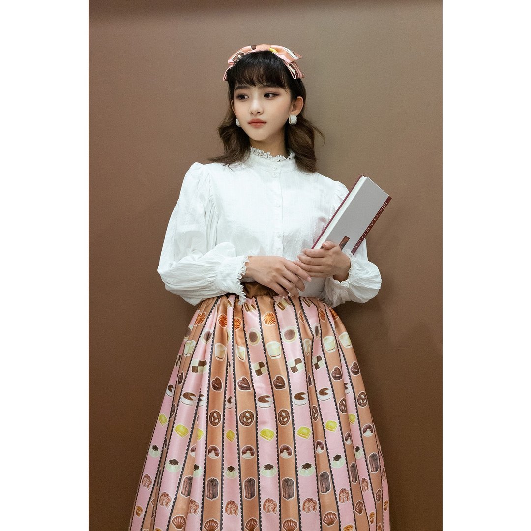 Lolita甜点蕾丝自家印花半身裙 - 裙子 - 棉 粉红色