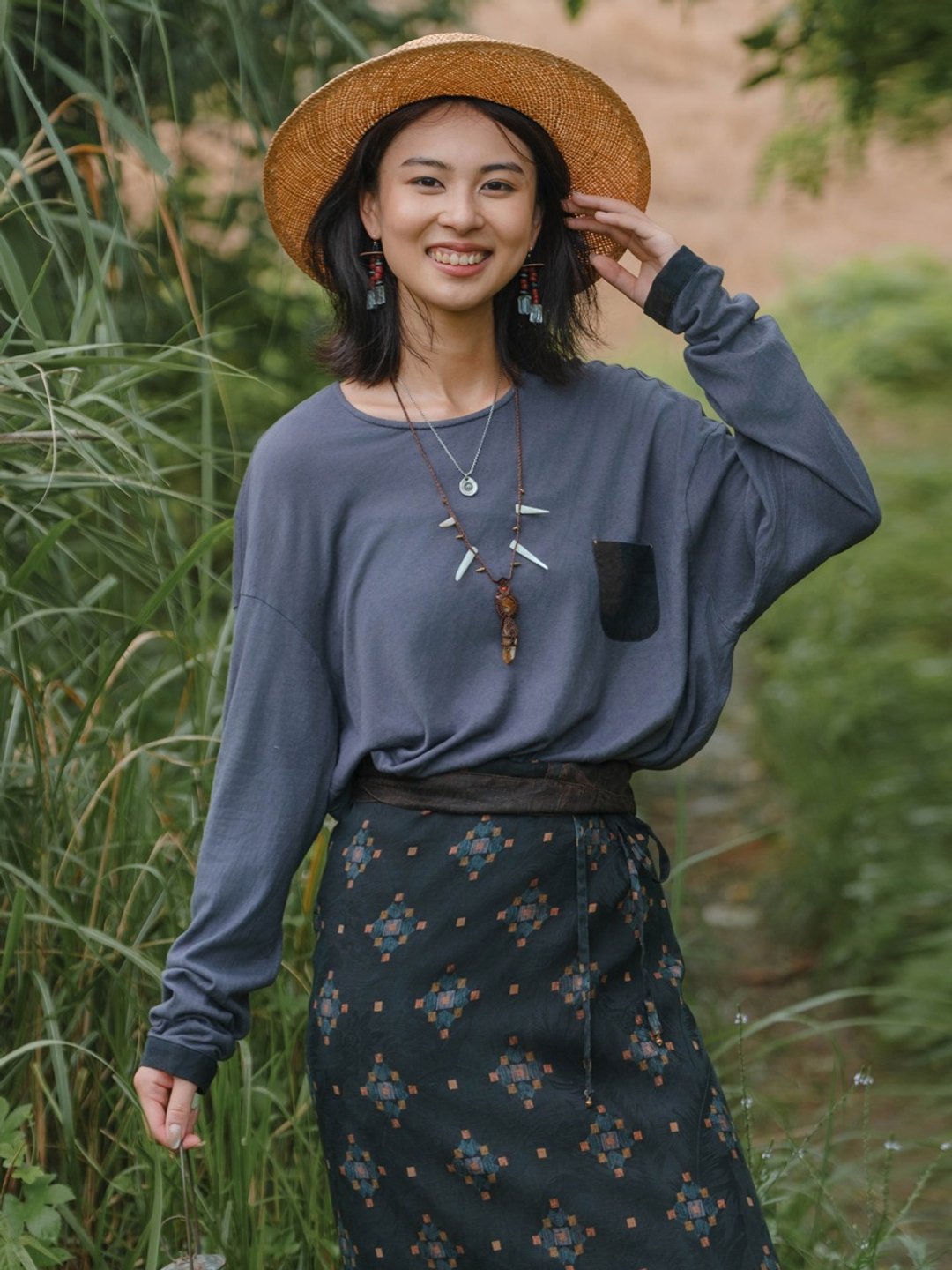 2顔色 草木染漢麻棉寬松小口袋T恤 長袖上衣 - 女装 T 恤 - 棉 紫色