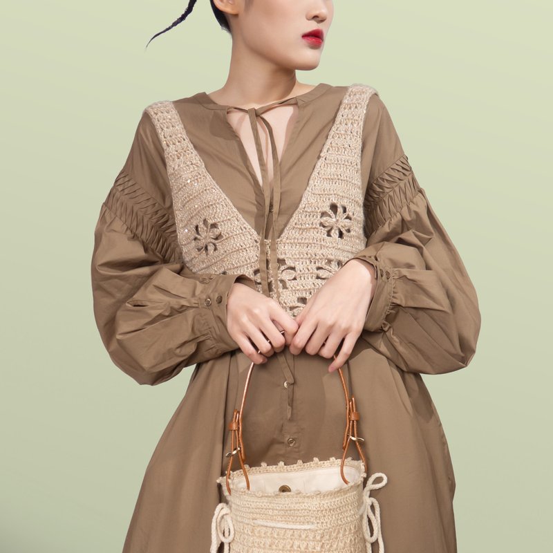 微闪金古麻色系列 | 手钩通花蕾丝珠片外搭背心 定制化可 - 女装针织衫/毛衣 - 棉．麻 金色