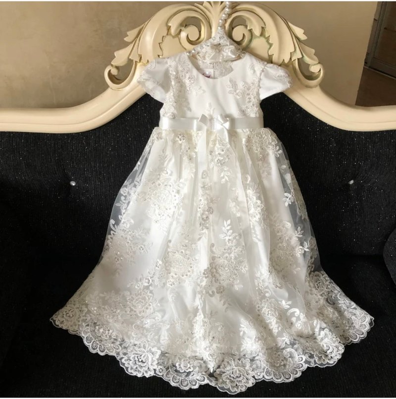 Ivory lace dress with sparkles and headband for baby girl. - 童装礼服/连衣裙 - 其他材质 