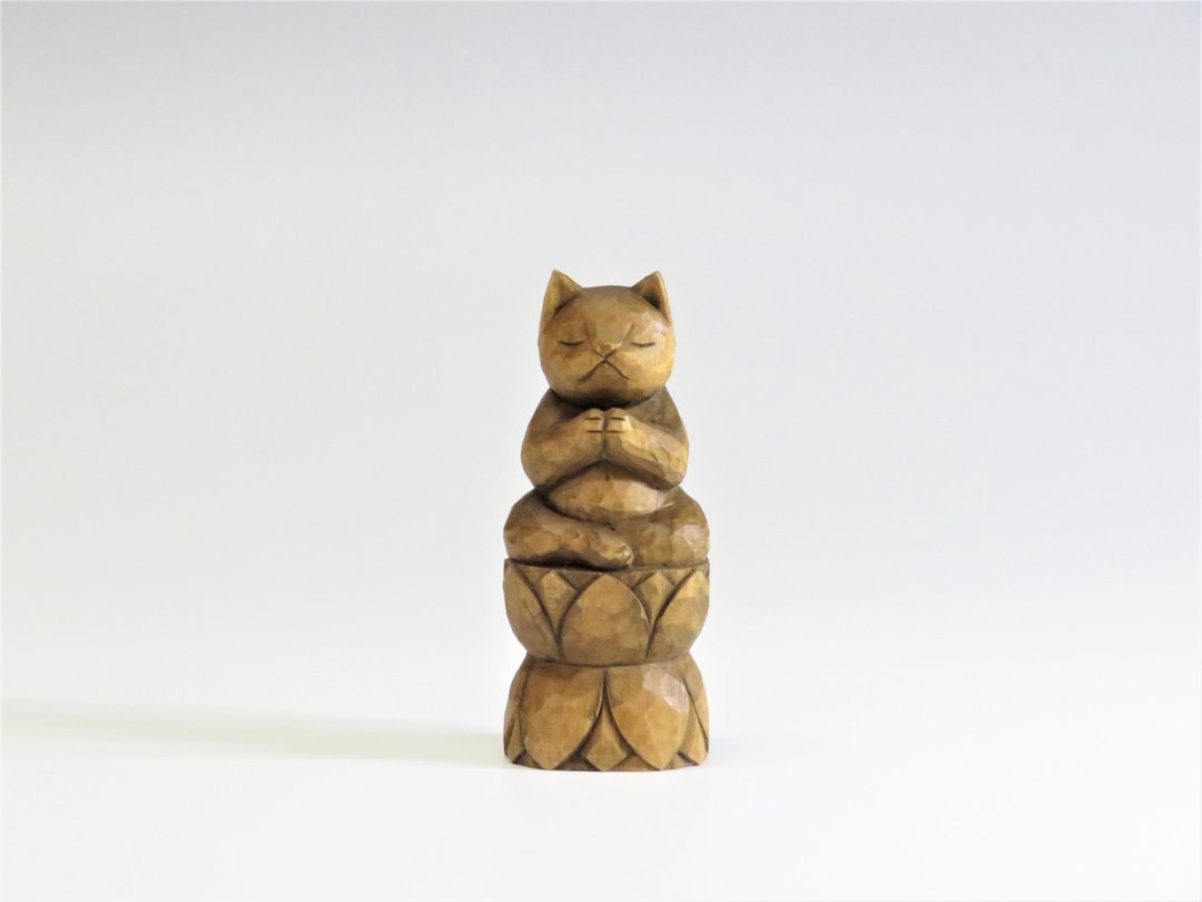 Wood carving cat, Cat to pray sitting in the lotusA1221 - 摆饰 - 木头 咖啡色