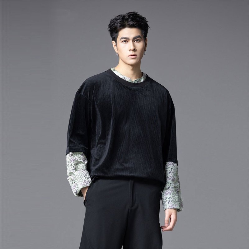 秋季假两件拼接提花T恤  丝绒长袖男上衣 - 男装上衣/T 恤 - 其他材质 