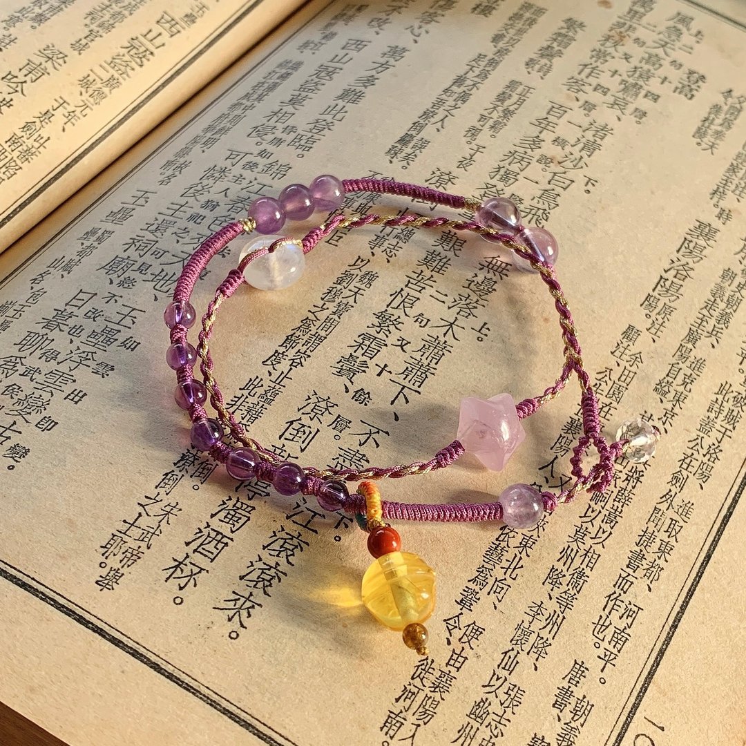 手作 初晴。天然月光石平安扣编织手链金珀铃铛南红紫锂辉手链 - 手链/手环 - 水晶 紫色