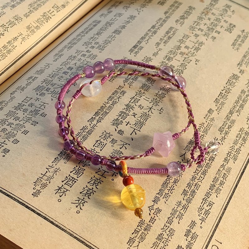 手作 初晴。天然月光石平安扣编织手链金珀铃铛南红紫锂辉手链 - 手链/手环 - 水晶 紫色