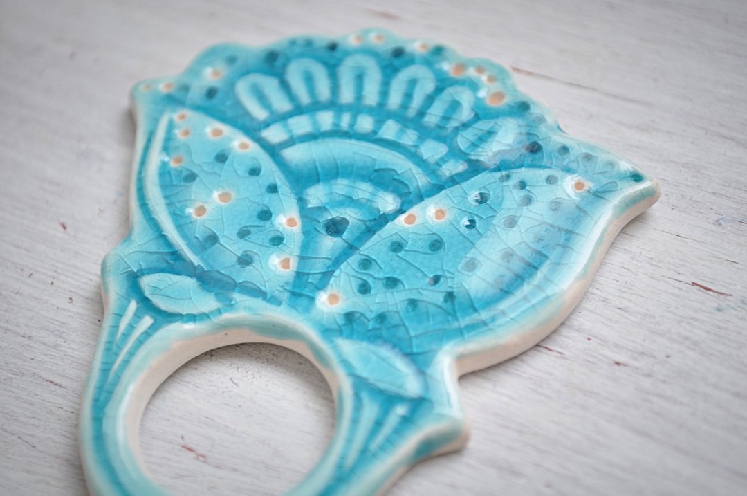 Handmade ceramic necklace Turquoise flower - 项链 - 粘土 蓝色