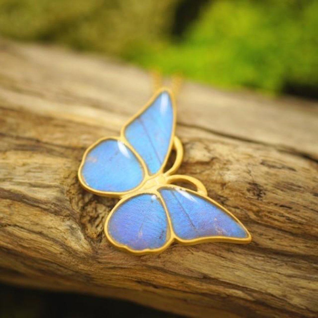 Morpho butterfly antique pendant tanned - 项链 - 其他金属 蓝色