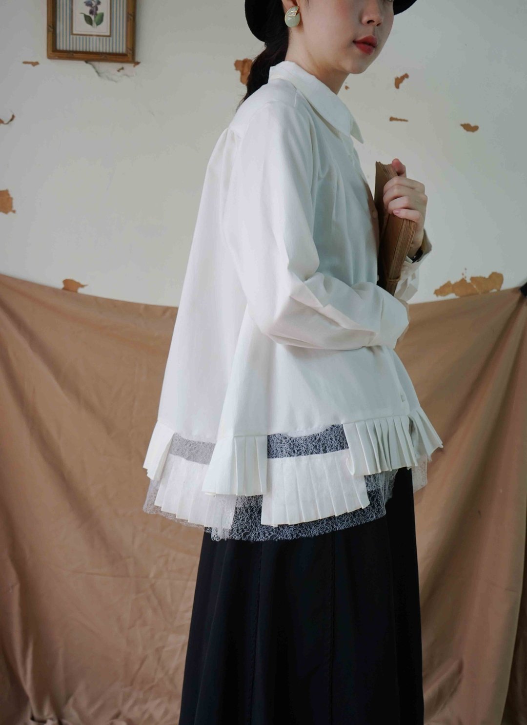 white collection手作-仙气纯白文青伞版百折下摆长袖衬衫 - 女装衬衫 - 聚酯纤维 白色
