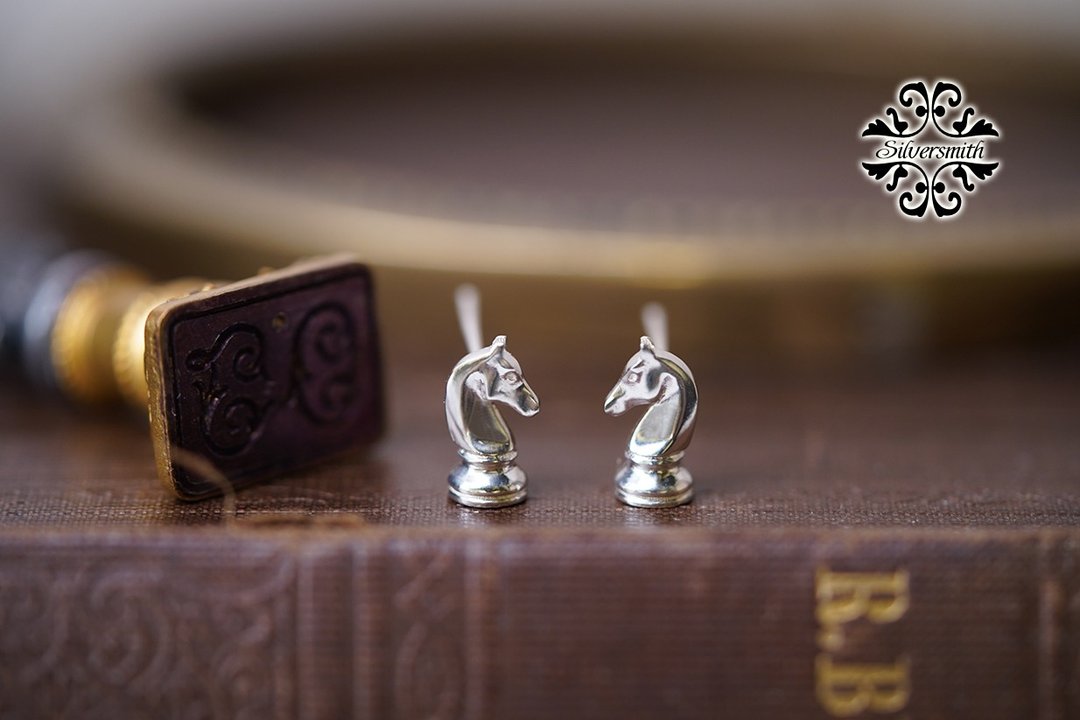 925银国际象棋耳环 - 骑士(E255) - 耳环/耳夹 - 纯银 