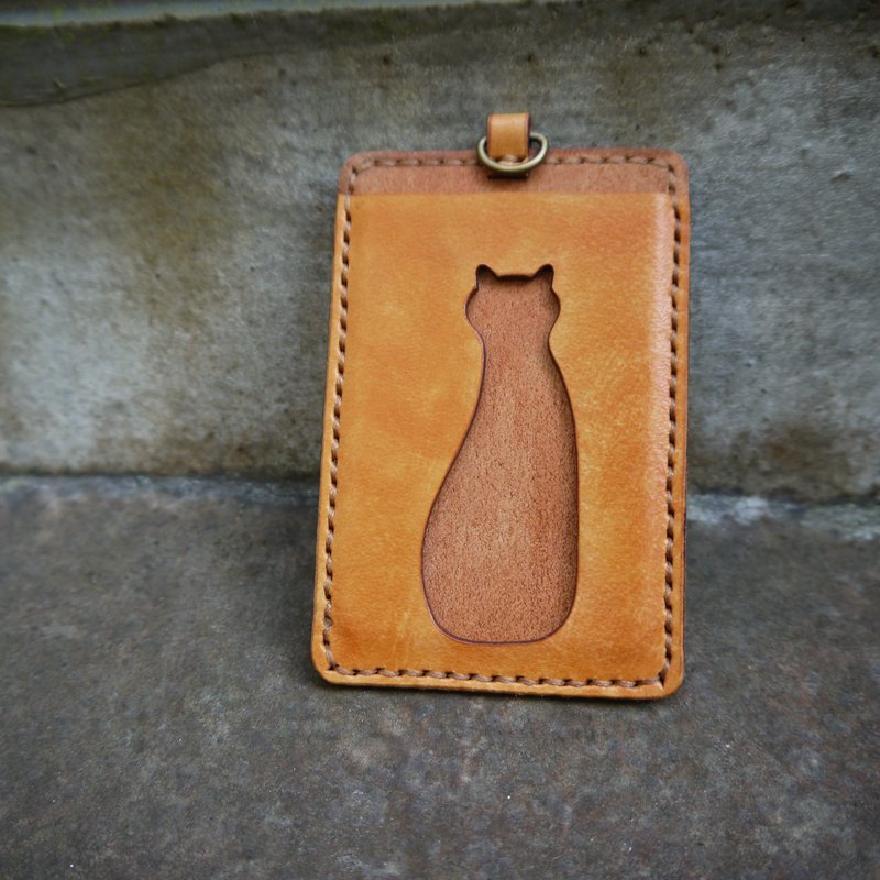 猫咪皮革识别证 卡套 证套 皮革卡套 浅色层次-不含皮绳-可刻字 - 证件套/卡套 - 真皮 橘色