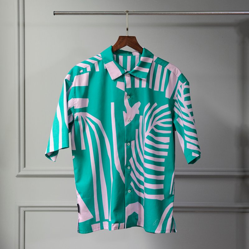 印花短版衬衫 / 米克斯绿 - 男装衬衫 - 棉．麻 绿色