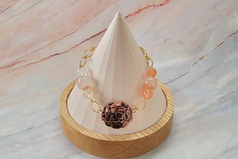 Six Cats 天然石 设计款 牡丹花 14K包金 开运 招财 手链 礼物 - 手链/手环 - 半宝石 