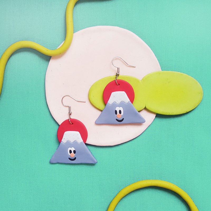 ㄎㄧㄤ系列 耳环 - fuji 粉紫 富士山 可爱 ( 可改 耳针 / 耳夹 ) - 耳环/耳夹 - 粘土 紫色