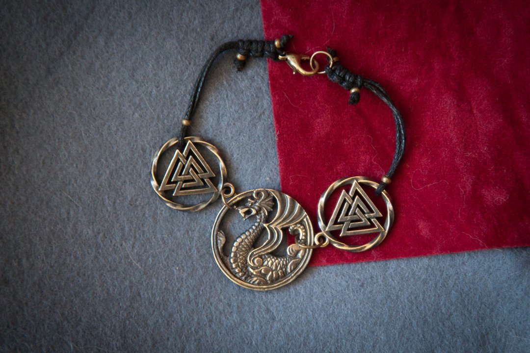 维京龙与符文结（Valknut）图饰细绳手链。异教北欧风格饰品。 - 手链/手环 - 其他材质 橘色