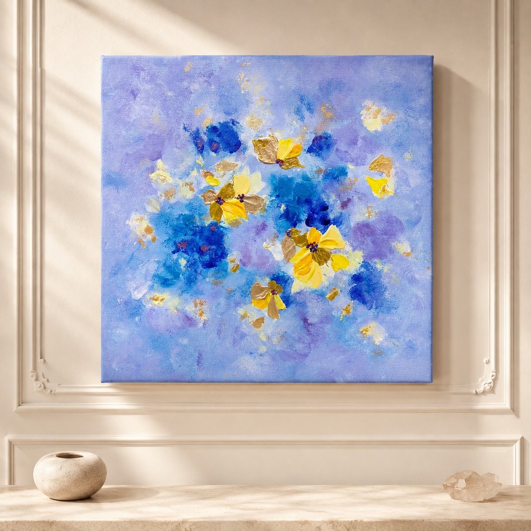 【蓝金花园】花卉抽象挂画 - 30×30 手绘压克力原作 - 摆饰 - 棉 