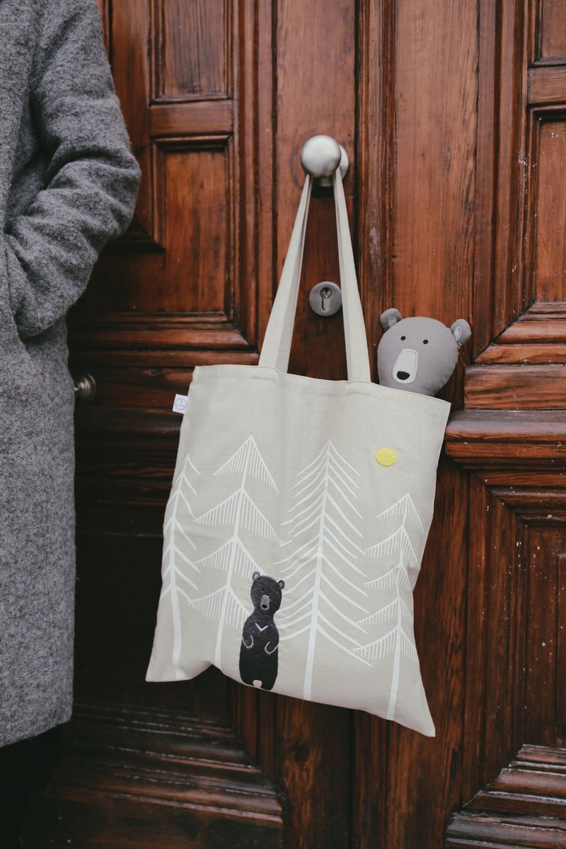 台湾黑熊刺绣环保袋 - 手提包/手提袋 - 棉．麻 卡其色